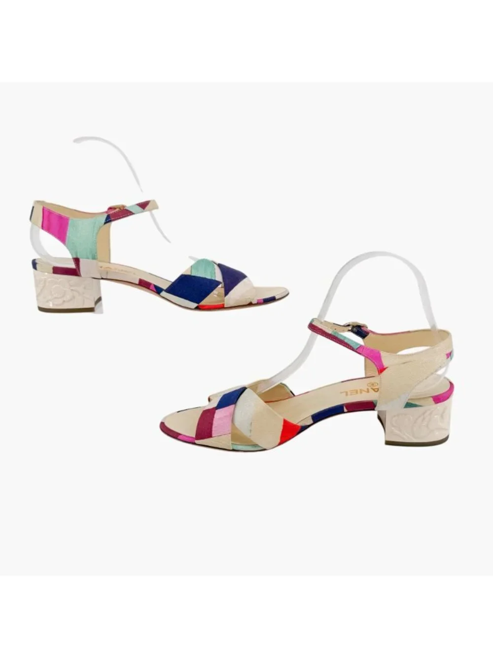 Chanel CC Patchwork Canvas Flower Block Heel Sandals Size 40 US 9-9.5 Multicolor